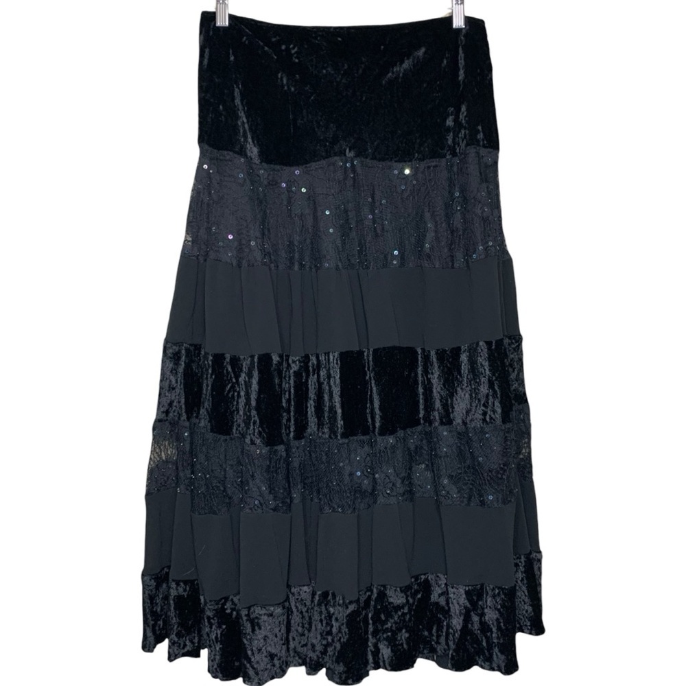 Rene Derhy Black Velvet Lace Maxi Skirt Sz 12 Dramatic Bohemian Gothic Witches